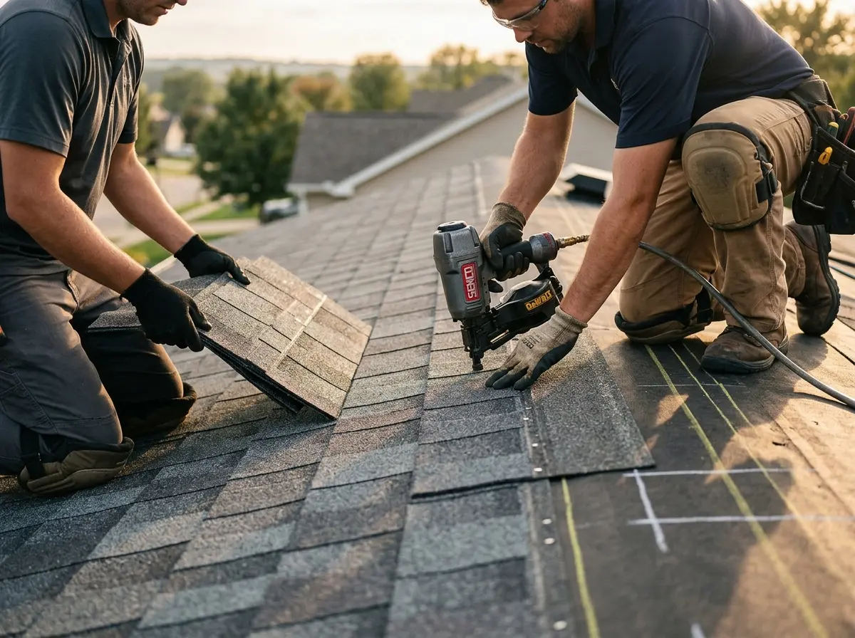 Professional roofer working on a residential roof in Closter